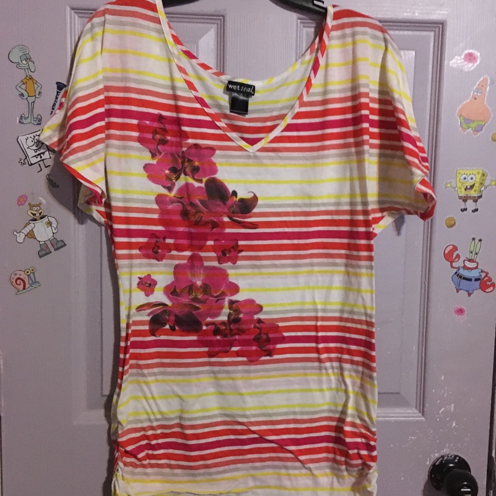 Wet Seal Women's Pink and Yellow Floral Stripe V-Neck Top